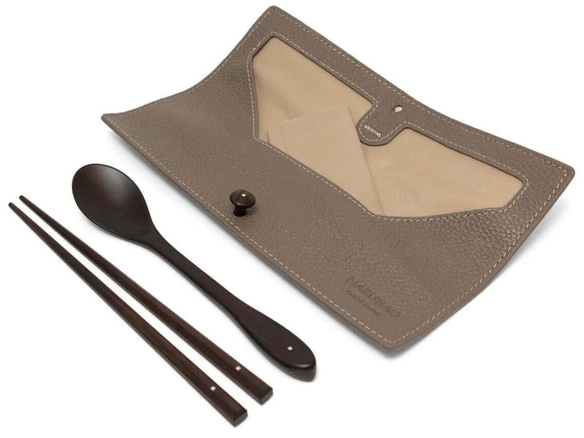 ORYOKI Besteck Set mit Essstäbchen, Löffel und Leder-Tasche* Essstäbchen | Oryoki