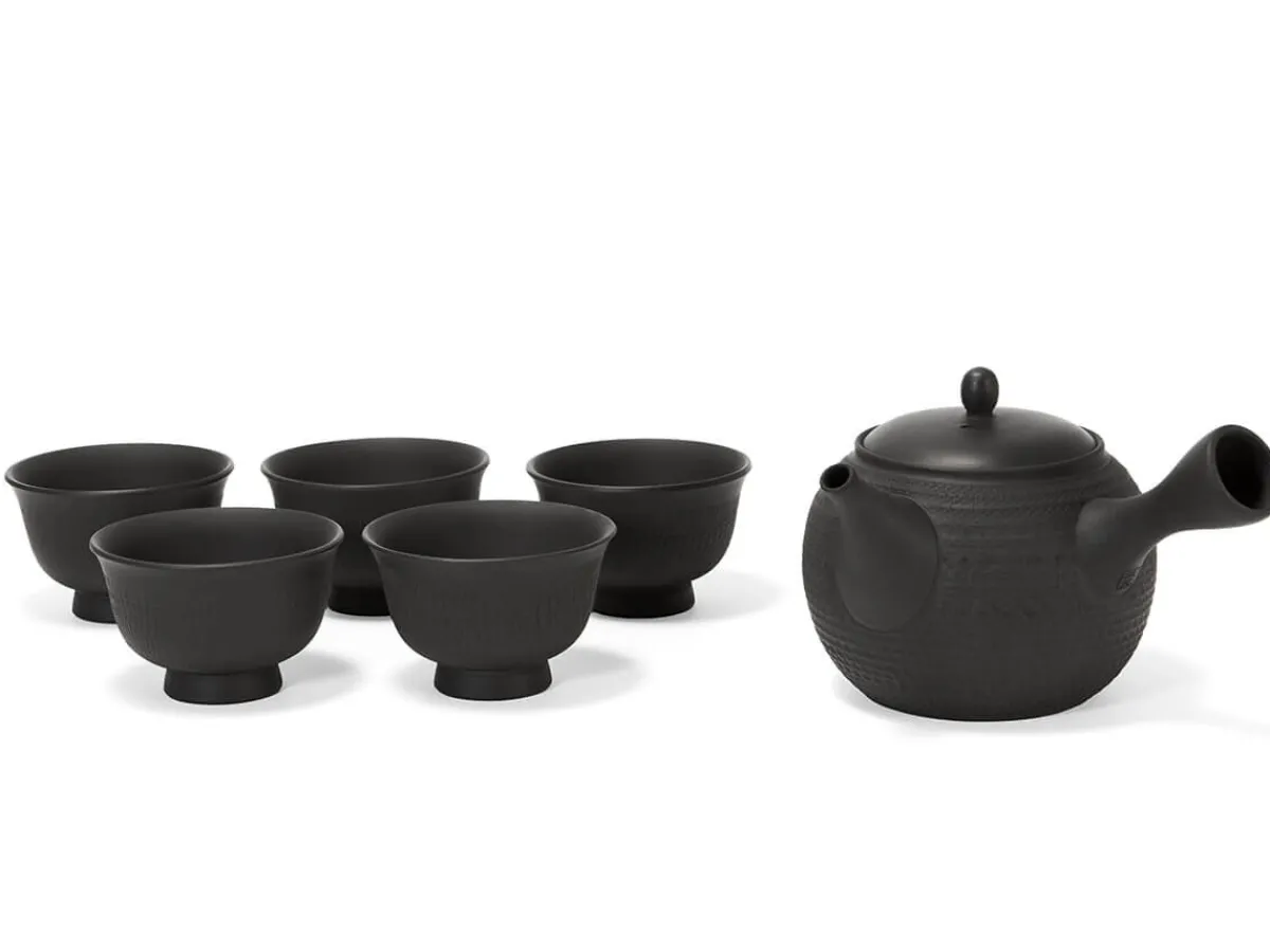 ORYOKI Japanisches Teeservice 6-teilig, Kyusu Tokoname Tobikanna Kuro* Japanische Teekannen | Teegeschirr