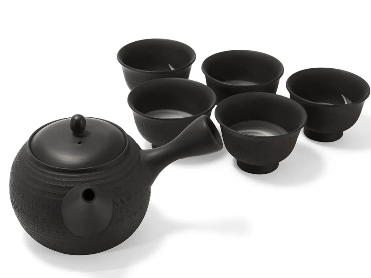 ORYOKI Japanisches Teeservice 6-teilig, Kyusu Tokoname Tobikanna Kuro* Japanische Teekannen | Teegeschirr